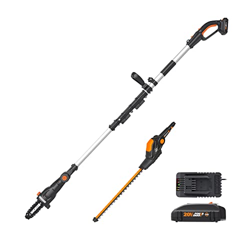 WORX 20V Cordless 8" Pole Chain Saw with Hedge Trimmer Attachment WG908 Garden Combo, 1 * 2.0Ah Battery & Charger Included