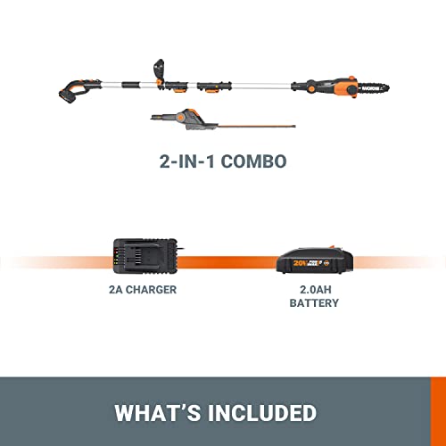 WORX 20V Cordless 8" Pole Chain Saw with Hedge Trimmer Attachment WG908 Garden Combo, 1 * 2.0Ah Battery & Charger Included