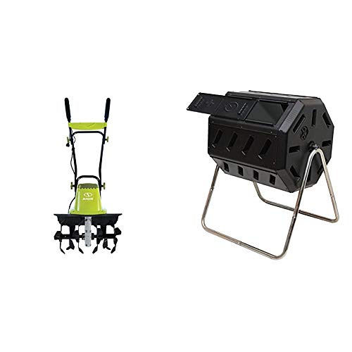 Sun Joe TJ604E 16-Inch 13.5 AMP Electric Garden Tiller/Cultivator,Black & FCMP Outdoor IM4000 Dual Chamber Tumbling Composter (Black)