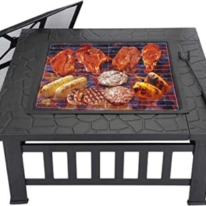 Fire Bowl Frame 32" Square Metal Grate Grill Mesh Lid Rain Cover Outdoor Heating Pits Fireplaces Patio Lawn Garden Cooling Stove Burning Backyard BBQ Barbecue Airflow Family Friend Camping Picnic