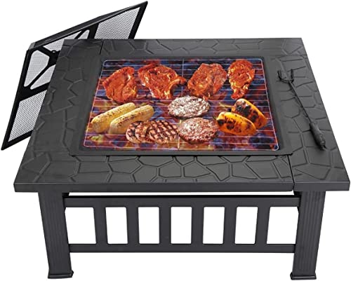 Fire Bowl Frame 32" Square Metal Grate Grill Mesh Lid Rain Cover Outdoor Heating Pits Fireplaces Patio Lawn Garden Cooling Stove Burning Backyard BBQ Barbecue Airflow Family Friend Camping Picnic