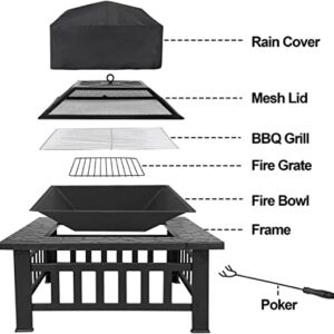 Fire Bowl Frame 32" Square Metal Grate Grill Mesh Lid Rain Cover Outdoor Heating Pits Fireplaces Patio Lawn Garden Cooling Stove Burning Backyard BBQ Barbecue Airflow Family Friend Camping Picnic