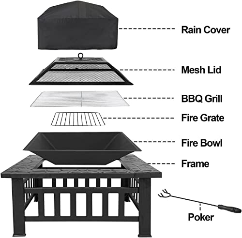 Fire Bowl Frame 32" Square Metal Grate Grill Mesh Lid Rain Cover Outdoor Heating Pits Fireplaces Patio Lawn Garden Cooling Stove Burning Backyard BBQ Barbecue Airflow Family Friend Camping Picnic