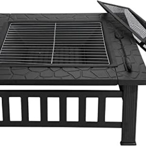 Fire Bowl Frame 32" Square Metal Grate Grill Mesh Lid Rain Cover Outdoor Heating Pits Fireplaces Patio Lawn Garden Cooling Stove Burning Backyard BBQ Barbecue Airflow Family Friend Camping Picnic