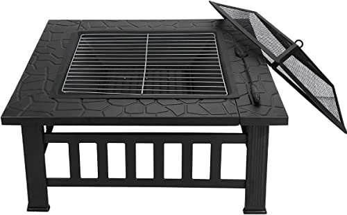 Fire Bowl Frame 32" Square Metal Grate Grill Mesh Lid Rain Cover Outdoor Heating Pits Fireplaces Patio Lawn Garden Cooling Stove Burning Backyard BBQ Barbecue Airflow Family Friend Camping Picnic