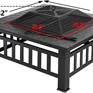 Fire Bowl Frame 32" Square Metal Grate Grill Mesh Lid Rain Cover Outdoor Heating Pits Fireplaces Patio Lawn Garden Cooling Stove Burning Backyard BBQ Barbecue Airflow Family Friend Camping Picnic