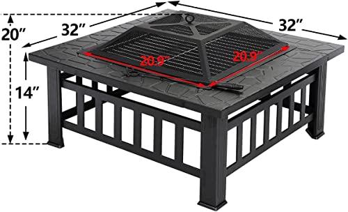 Fire Bowl Frame 32" Square Metal Grate Grill Mesh Lid Rain Cover Outdoor Heating Pits Fireplaces Patio Lawn Garden Cooling Stove Burning Backyard BBQ Barbecue Airflow Family Friend Camping Picnic