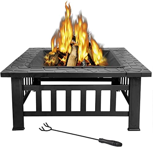 Fire Bowl Frame 32" Square Metal Grate Grill Mesh Lid Rain Cover Outdoor Heating Pits Fireplaces Patio Lawn Garden Cooling Stove Burning Backyard BBQ Barbecue Airflow Family Friend Camping Picnic