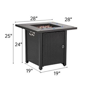 HOMPUS Outdoor Propane Fire Pit Table 28-inch 40,000 BTU Imitation Wicker Square Glass Top Fire Table with Lava Rocks,Rain Cover Gas Smokeless Fire Pit for Outside Patio,Garden,Deck,Backyard