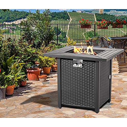 HOMPUS Outdoor Propane Fire Pit Table 28-inch 40,000 BTU Imitation Wicker Square Glass Top Fire Table with Lava Rocks,Rain Cover Gas Smokeless Fire Pit for Outside Patio,Garden,Deck,Backyard