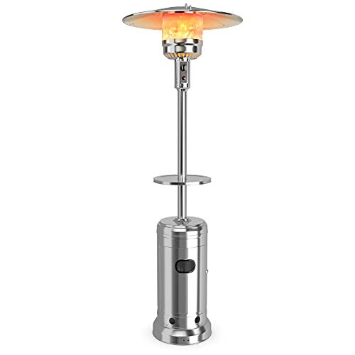 COSTWAY Patio Heater, 48000 BTU Propane Heater with Drink Shelf Tabletop, Simple Ignition System, Base Reservoir and Wheels, Standing Outdoor Space Heater for Patio, Garden and Backyard (Silver)