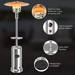 COSTWAY Patio Heater, 48000 BTU Propane Heater with Drink Shelf Tabletop, Simple Ignition System, Base Reservoir and Wheels, Standing Outdoor Space Heater for Patio, Garden and Backyard (Silver)