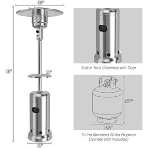 COSTWAY Patio Heater, 48000 BTU Propane Heater with Drink Shelf Tabletop, Simple Ignition System, Base Reservoir and Wheels, Standing Outdoor Space Heater for Patio, Garden and Backyard (Silver)