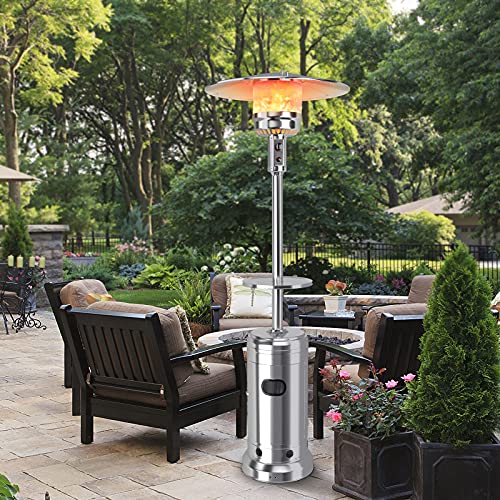 COSTWAY Patio Heater, 48000 BTU Propane Heater with Drink Shelf Tabletop, Simple Ignition System, Base Reservoir and Wheels, Standing Outdoor Space Heater for Patio, Garden and Backyard (Silver)