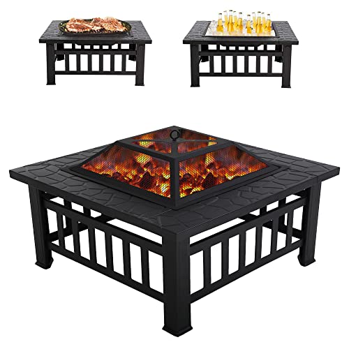 Fire Pit 32in Square Metal Firepit Patio BBQ Fireplace with Charcoal Rack Mesh Cover Poker for Camping Bonfire Picnic Outdoor Heating