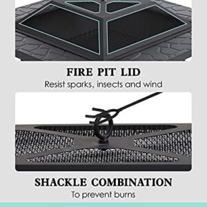 Fire Pit 32in Square Metal Firepit Patio BBQ Fireplace with Charcoal Rack Mesh Cover Poker for Camping Bonfire Picnic Outdoor Heating
