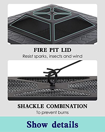 Fire Pit 32in Square Metal Firepit Patio BBQ Fireplace with Charcoal Rack Mesh Cover Poker for Camping Bonfire Picnic Outdoor Heating