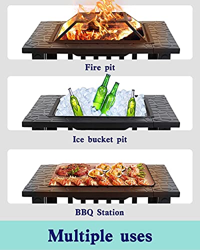 Fire Pit 32in Square Metal Firepit Patio BBQ Fireplace with Charcoal Rack Mesh Cover Poker for Camping Bonfire Picnic Outdoor Heating