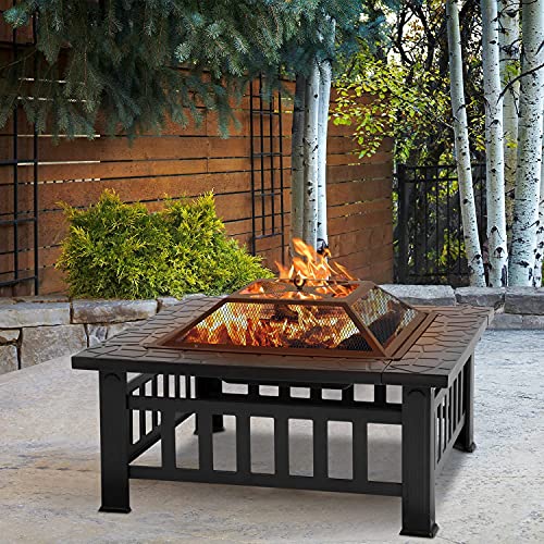 Fire Pit 32in Square Metal Firepit Patio BBQ Fireplace with Charcoal Rack Mesh Cover Poker for Camping Bonfire Picnic Outdoor Heating