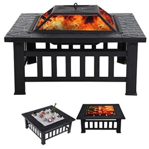 outdoor fire pit 32 inch square metal firepit with charcoal rack& spark screen, heavy duty 3 in 1 fireplace backyard patio garden stove for camping, outdoor heating, bonfire and picnic