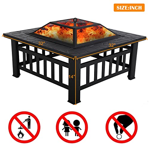 Outdoor Fire Pit 32 Inch Square Metal Firepit with Charcoal Rack& Spark Screen, Heavy Duty 3 in 1 Fireplace Backyard Patio Garden Stove for Camping, Outdoor Heating, Bonfire and Picnic