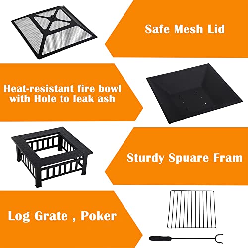 Outdoor Fire Pit 32 Inch Square Metal Firepit with Charcoal Rack& Spark Screen, Heavy Duty 3 in 1 Fireplace Backyard Patio Garden Stove for Camping, Outdoor Heating, Bonfire and Picnic