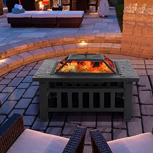 Outdoor Fire Pit 32 Inch Square Metal Firepit with Charcoal Rack& Spark Screen, Heavy Duty 3 in 1 Fireplace Backyard Patio Garden Stove for Camping, Outdoor Heating, Bonfire and Picnic