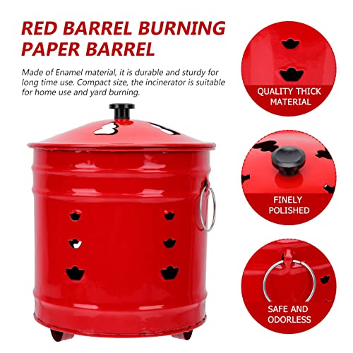 YARDWE Burn Barrel Incinerator Cage Fire Pit Enamel Garden Fire Cage Yuanbao Shaped Joss Paper Burner Bucket for Garden Paper Leaf Trash Wood Backyard Bonfire Red