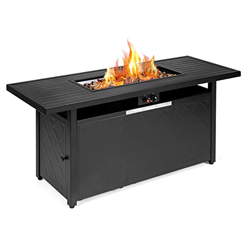 Giantex 57’’ Gas Fire Table, Rectangular Outdoor Patio Propane Firepit Table, 50,000 BTU Auto-Ignition Propane Fire Pit with Lid and Lava Rocks, Suitable for Poolside, Garden, Balcony, Black