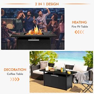 Giantex 57’’ Gas Fire Table, Rectangular Outdoor Patio Propane Firepit Table, 50,000 BTU Auto-Ignition Propane Fire Pit with Lid and Lava Rocks, Suitable for Poolside, Garden, Balcony, Black