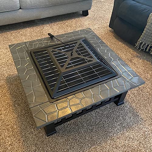 Outdoor Fire Pit, 32in Firepit Table for Outside Wood Burning Bonfire Firepit Patio BBQ Camping Picnic Bronze Outdoor, Table Top Fire Bowl Garden Stove Fireplace W/Spark Screen & Waterproof Cover