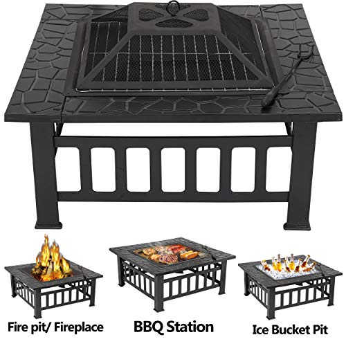 Outdoor Fire Pit, 32in Firepit Table for Outside Wood Burning Bonfire Firepit Patio BBQ Camping Picnic Bronze Outdoor, Table Top Fire Bowl Garden Stove Fireplace W/Spark Screen & Waterproof Cover