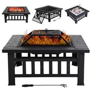 fire pit table, outdoor fireplace firepit camping accessories 32 in square smokeless fire pit with spark screen, log poker for outside garden patio backyard