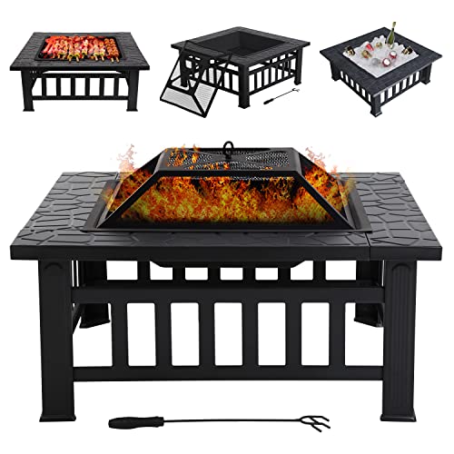 Fire Pit Table, Outdoor Fireplace Firepit Camping Accessories 32 in Square Smokeless Fire Pit with Spark Screen, Log Poker for Outside Garden Patio Backyard