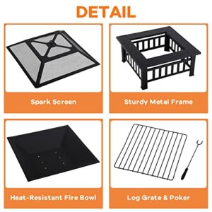 Fire Pit Table, Outdoor Fireplace Firepit Camping Accessories 32 in Square Smokeless Fire Pit with Spark Screen, Log Poker for Outside Garden Patio Backyard