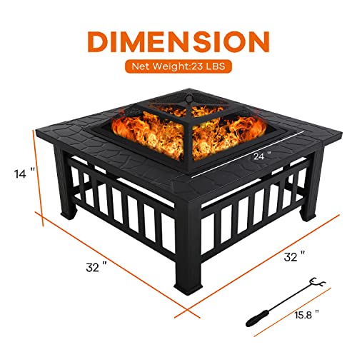 Fire Pit Table, Outdoor Fireplace Firepit Camping Accessories 32 in Square Smokeless Fire Pit with Spark Screen, Log Poker for Outside Garden Patio Backyard
