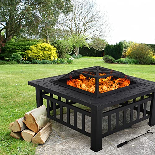 Fire Pit Table, Outdoor Fireplace Firepit Camping Accessories 32 in Square Smokeless Fire Pit with Spark Screen, Log Poker for Outside Garden Patio Backyard