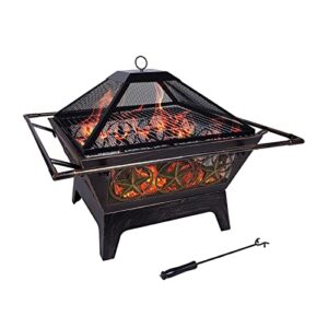 multifunctional fire pit table metal wood burning firepit stove backyard patio garden fireplace for camping, outdoor heating, bonfire and picnic equipped with fire grate, poker