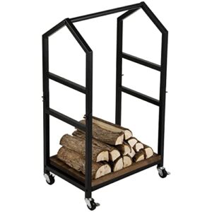 MyGift 30 Inch Industrial Firewood Cart in Rustic Burnt Wood and Black Metal Cottage Frame - Indoor Rolling Fire Log Lumber Holder Storage Rack Trolley