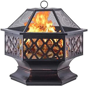 naosin-ni garden square metal brazier, fire pit with bbq grill shelf garden with poker, grill, mesh lid, grate 63 61cm