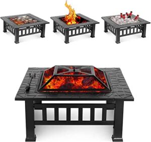 leayan garden fire pit grill bowl grill barbecue rack outdoor fire pit table,3 in 1 fire pit metal fire pit square stove e garden patio heater with bbq frames waterproof cover for party picnic
