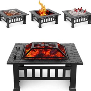 LEAYAN Garden Fire Pit Grill Bowl Grill Barbecue Rack Outdoor Fire Pit Table,3 in 1 Fire Pit Metal Fire Pit Square Stove e Garden Patio Heater with BBQ Frames Waterproof Cover for Party Picnic