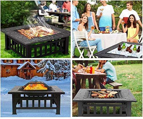 LEAYAN Garden Fire Pit Grill Bowl Grill Barbecue Rack Outdoor Fire Pit Table,3 in 1 Fire Pit Metal Fire Pit Square Stove e Garden Patio Heater with BBQ Frames Waterproof Cover for Party Picnic