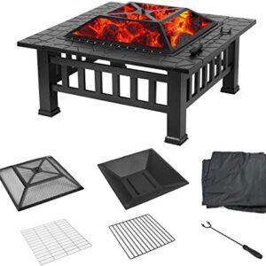 LEAYAN Garden Fire Pit Grill Bowl Grill Barbecue Rack Outdoor Fire Pit Table,3 in 1 Fire Pit Metal Fire Pit Square Stove e Garden Patio Heater with BBQ Frames Waterproof Cover for Party Picnic