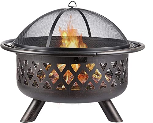 LEAYAN Garden Fire Pit Grill Bowl Grill Barbecue Rack Small Fire Pit,Outdoor Fire Pit with BBQ Grill Shelf Fire Bowl with Spark Protection Mesh Extra Includes Poker and Cover Garden Patio Heater