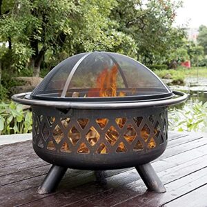 LEAYAN Garden Fire Pit Grill Bowl Grill Barbecue Rack Small Fire Pit,Outdoor Fire Pit with BBQ Grill Shelf Fire Bowl with Spark Protection Mesh Extra Includes Poker and Cover Garden Patio Heater