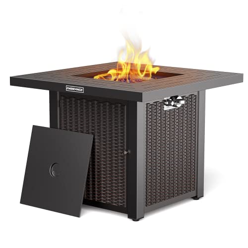 EMBRANGE 28 Inch Outdoor Propane Gas Fire Pit Table, Pulse Ignition System 50,000 BTU CSA Certification Square Propane Gas Fire Pit Table for Outside Patio Garden with Lid and Blue Fire Glass