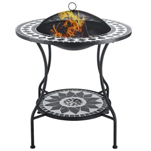 outsunny 30″ outdoor fire pit & ice bucket & side table, round tile tabletop, steel wood burning bowl, spark screen lid for patio, backyard, patio, garden, mosaic