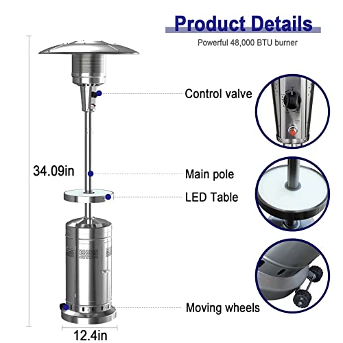 PIONOUS 7 Set of Powerful Silver 48,000 BTU Patio Heater for Garden, Pool, Cruise, Outdoor, Deck, Fishing, with Wheels and LED Table