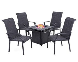 phi villa 28” gas fire table with high back rattan chairs conversation set, 5 piece propane fire pit table set with 11 lbs fire glass, outdoor conversation set for yard, patio, garden